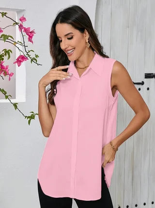Plus size women's loose comfortable commute style hidden button shirt side slit irregular lapel sleeveless vest shirt