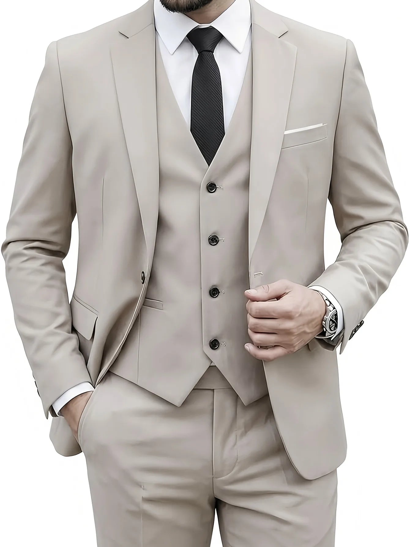 Men'S Wedding Best Man Dress Suit | New Business Casual Suit Set, Regular Fit, Lapel Collar, Solid Color, Button Details