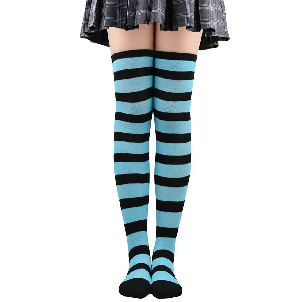 Womens Striped Thigh High Stockings Ladies Girls Black White pink Long Over Above Knee Socks femboy Cosplay Lolita Harajuku Y2k