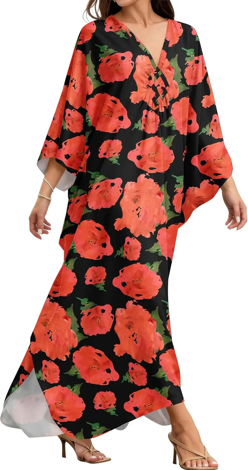 Kaftan Dresses for Women, V Neck Moo Moos Colorful Print Cover Ups Caftan Beach Dresses for Swimwear
