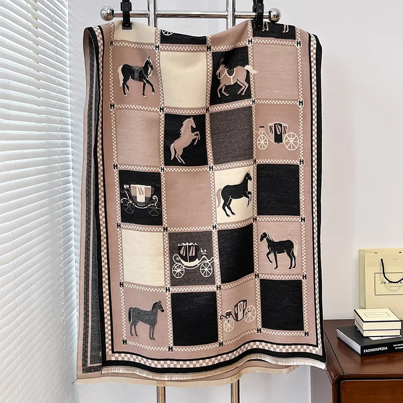 Luxury Warm Poncho Cashmere Winter Women Scarf Horse Print Shawl Wraps Female Thick Pashmina Blanket Bufanda Travel Echarpe 2024