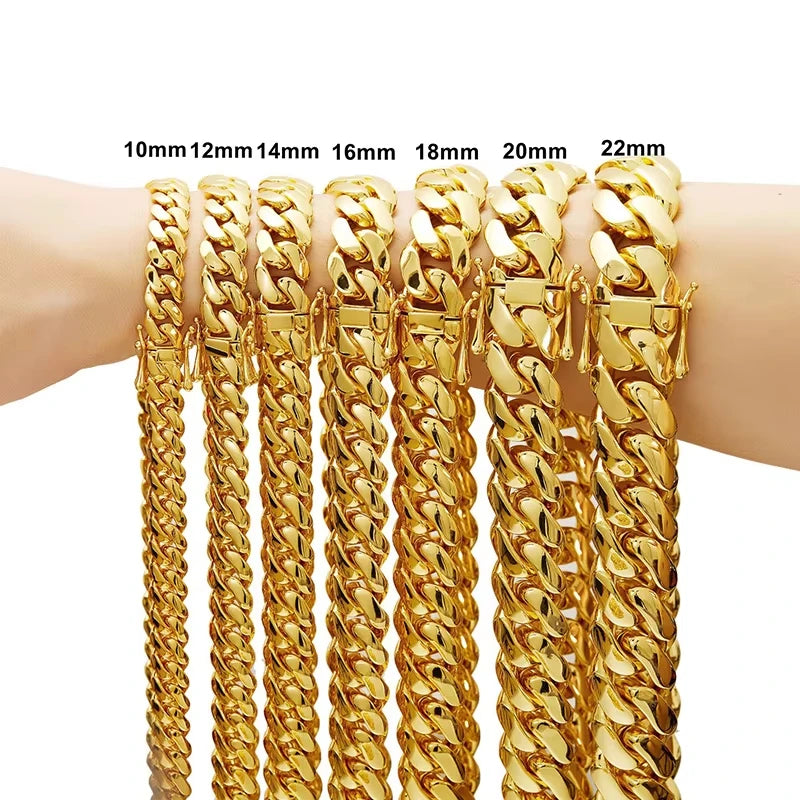 8-22mm Gold Color Stainless Steel  Cuban Miami Link Chain Necklaces for 18k Gold-plated Men (1PC)