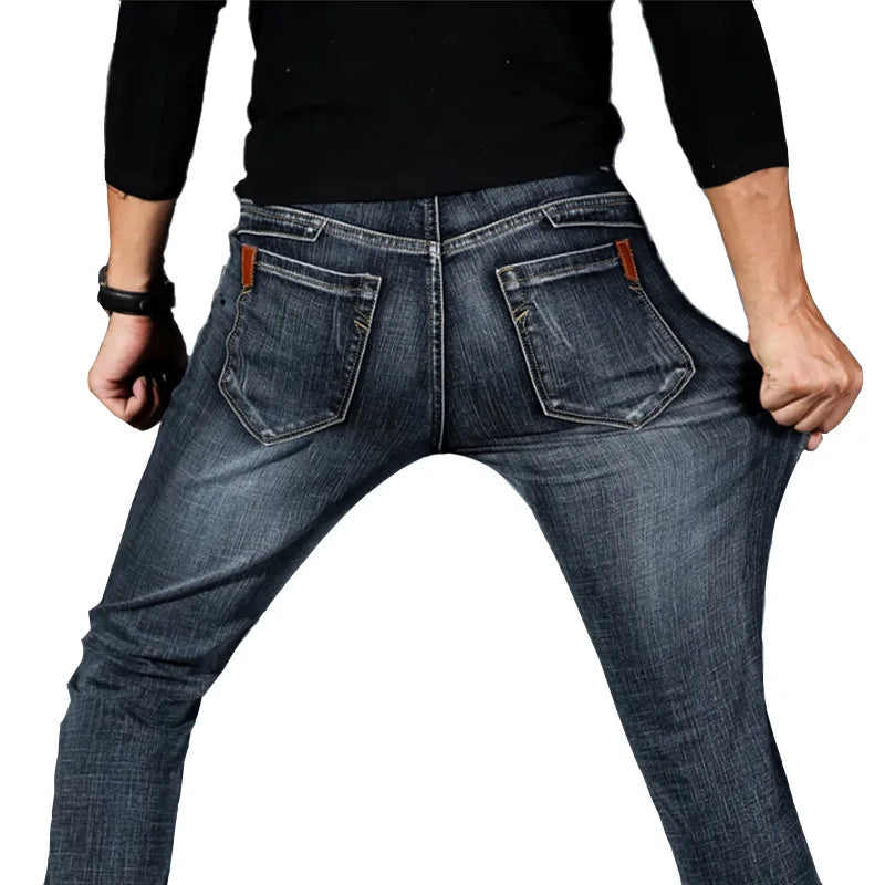 Spring Autumn Business Men Jeans Casual Straight Stretch Classic Black/ Sky Blue/ Grey Work Denim Trousers Brand Clothing