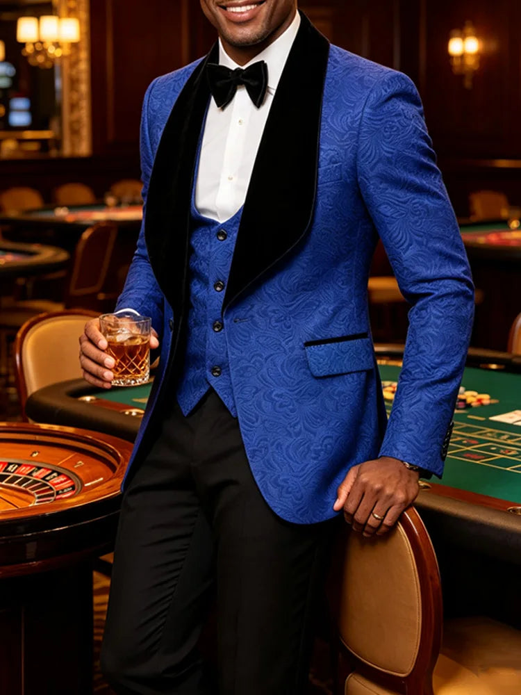 Men Light Blue Jacquard Tuxedo 3 Piece Suit Shawl Black Lapel Slim Fit Blazer Vest Pants Set Wedding Groom Prom Dinner Party Formal Mens Suit