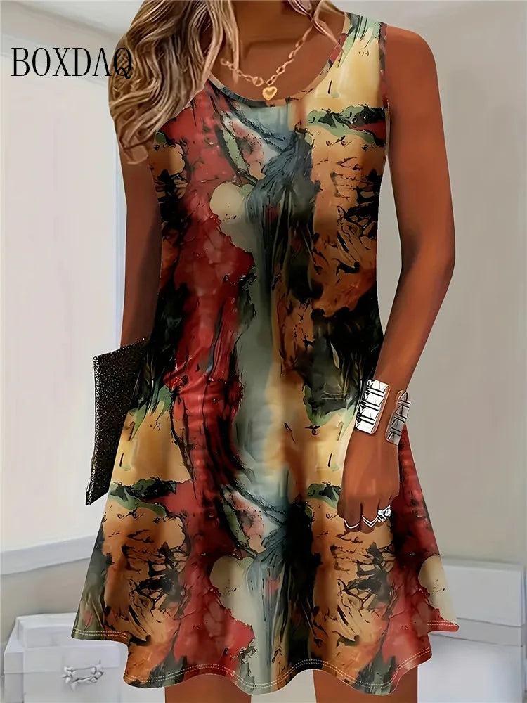2025 Women Summer Sleeveless Bohemian Dress Fashion Imitate Cowboy Vest Flowers Print Dress Casual Tank Beach Dresses For Women