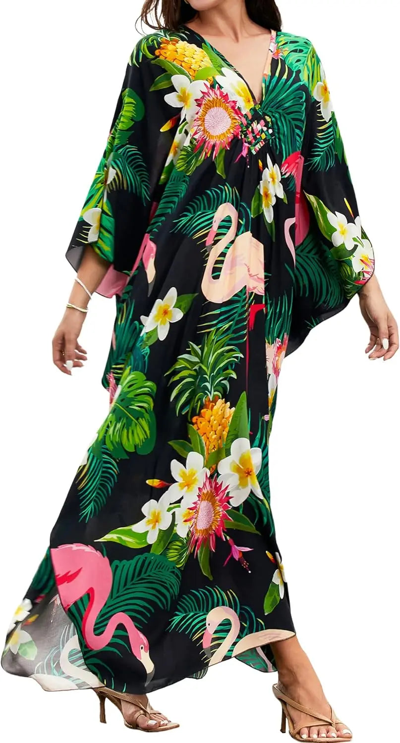 Kaftan Dresses for Women, V Neck Moo Moos Colorful Print Cover Ups Caftan Beach Dresses for Swimwear