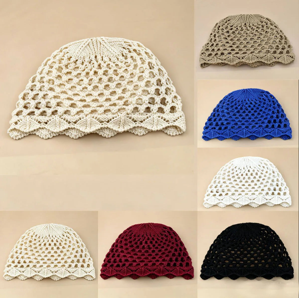 New Women Spring Summer Adjustable Mesh Knitted Pearl pendant Hat Fashion Breathable hollow woven artist with pullover charm Cap