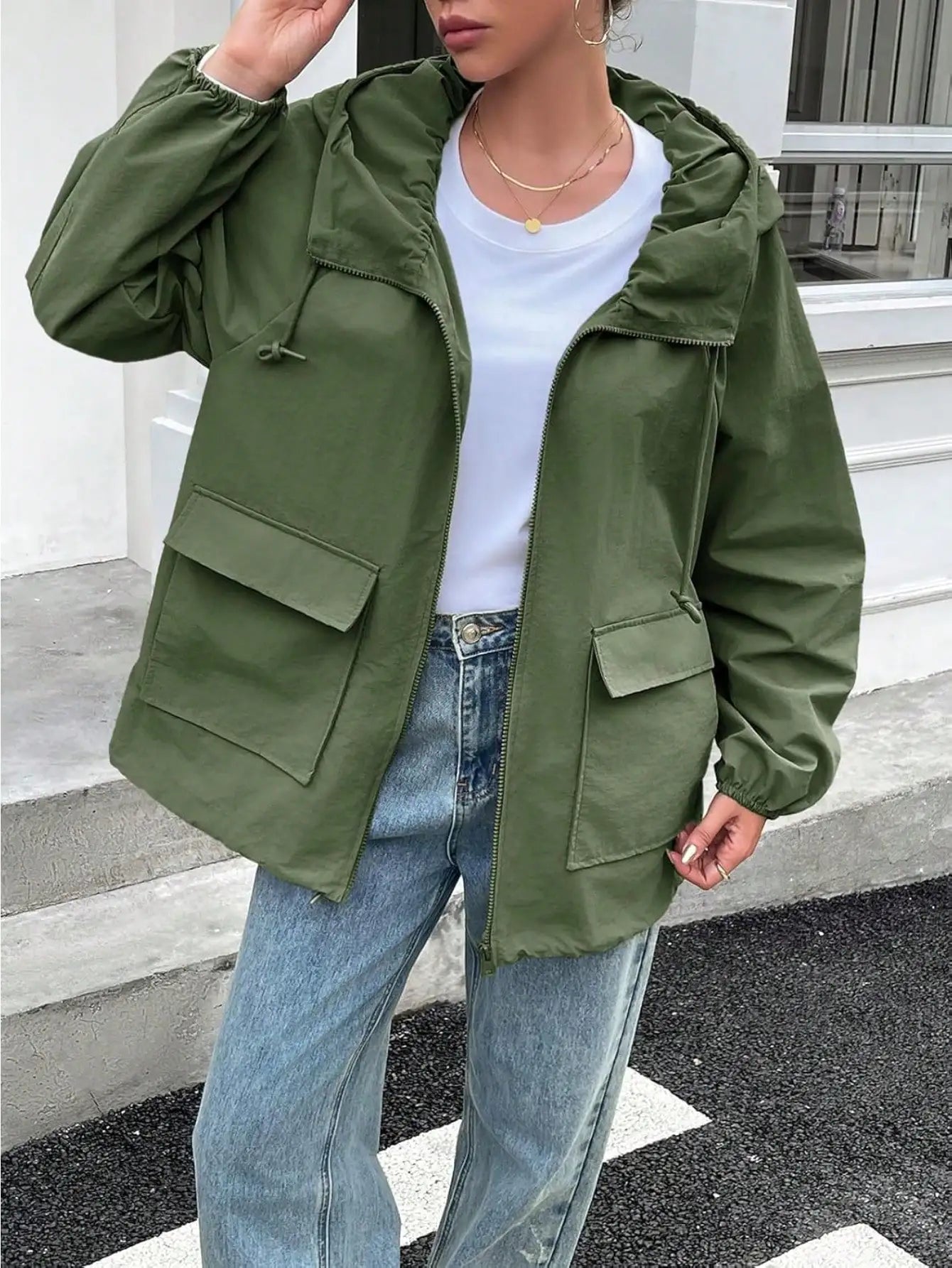 Fisoew waterproof Raincoat Women Lightweight Oversized Hooded Windbreaker Jacket With Pockets Outdoor Travel Trench Coat Fall
