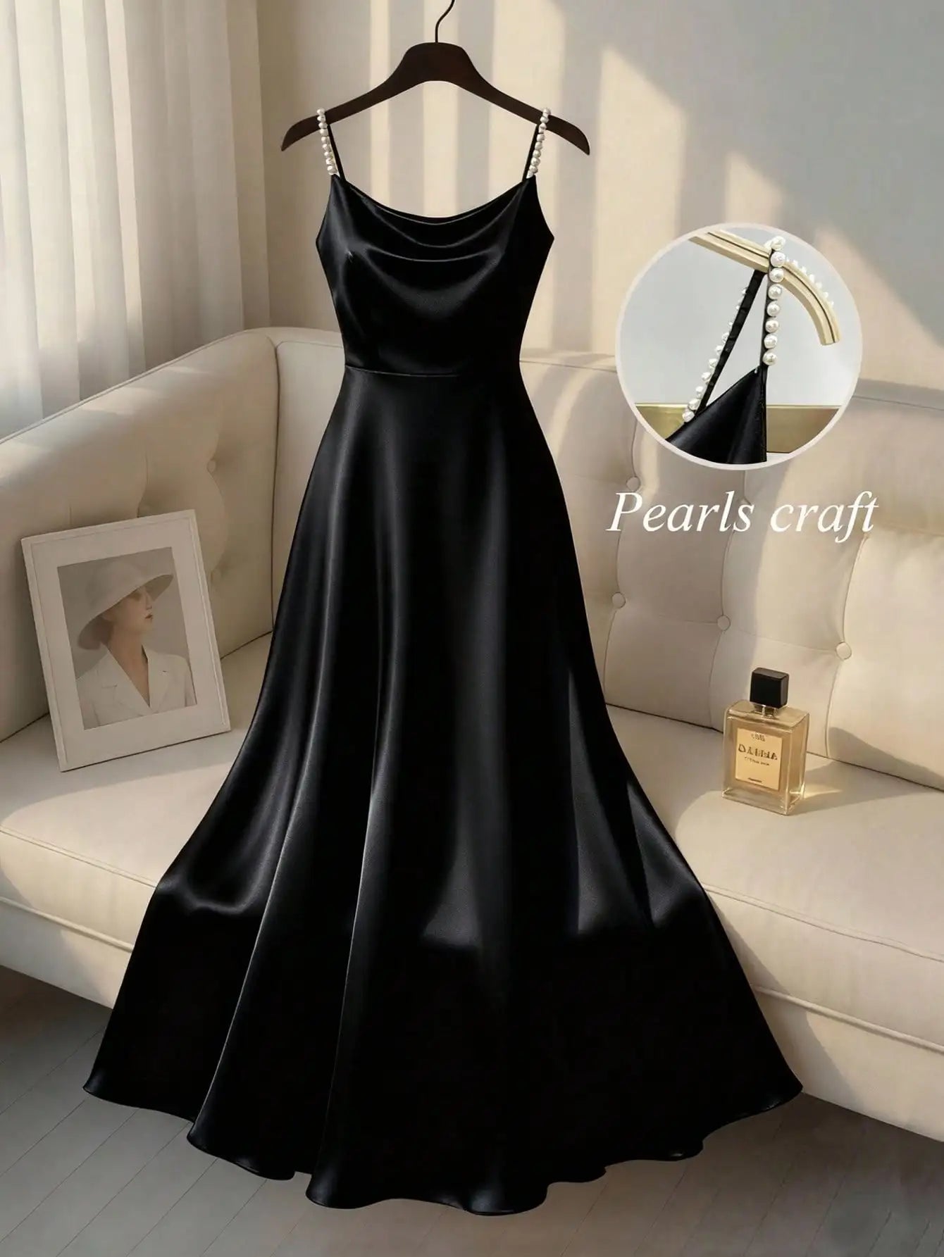 Elegant Satin Pearl Strap Slip Dress A-Line Floor Length For Party Event