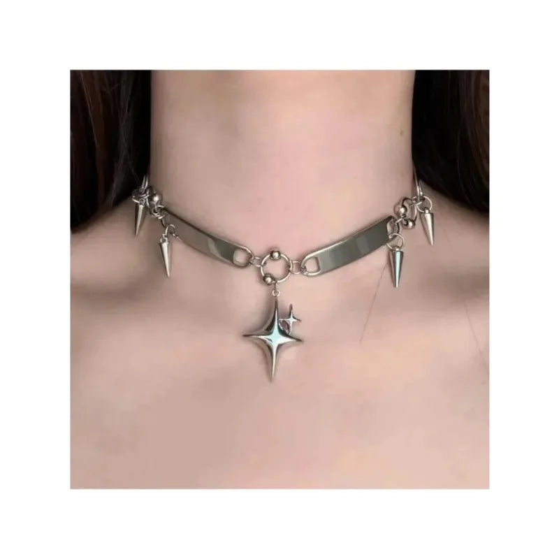 Stainless Steel Punk Star Riveted Choker,Rock Jewelry,Hippie,Goth,Design Sense,Spike,Cross Star,Nose Charm,Necklace for Women
