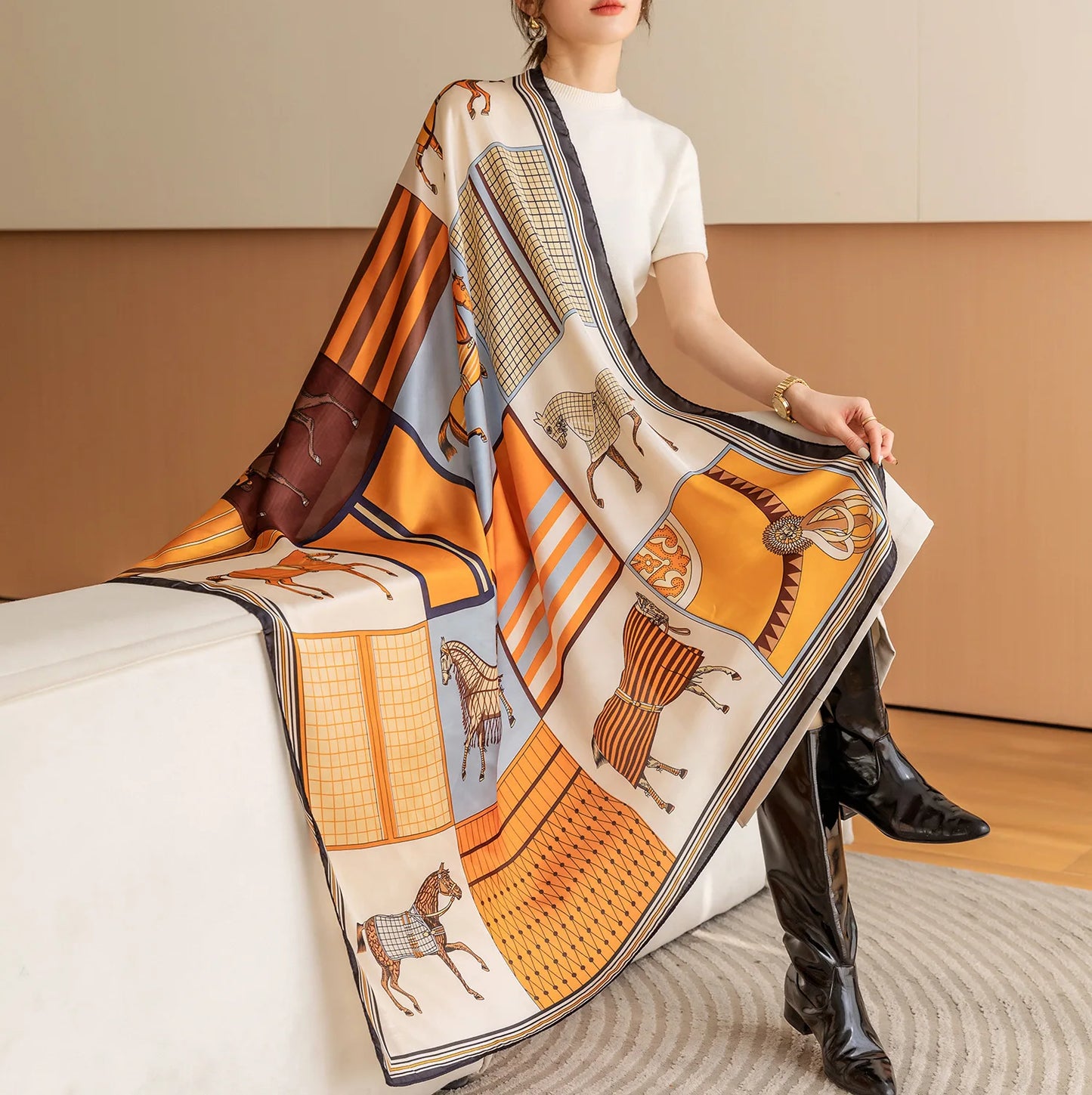 Luxury Horse Print Square Scarf Vintage Imitation Silk Shawl Scarf  Women Windproof Outdoor Head Wrap 110*110cm \[p'[;