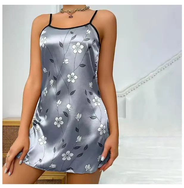 Ladies Sexy Sling Nightgown Nightdress Women's Sexy Lingerie Silk Satin Sleepwear Floral Pinting Nightwear Homewear Mini Dress