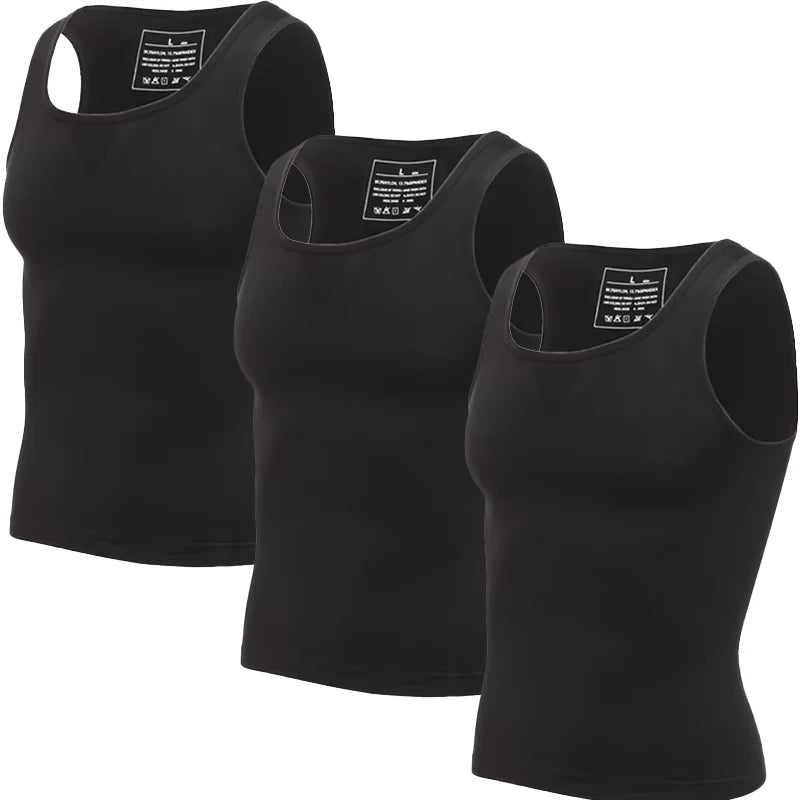 3 PCS Men's Tank Top Undershirt Tummy Control Shapewear Breathable Back Support Underwear Slimming High Stretch Waist Trainer Compression Sleeveless Wide Strap Top