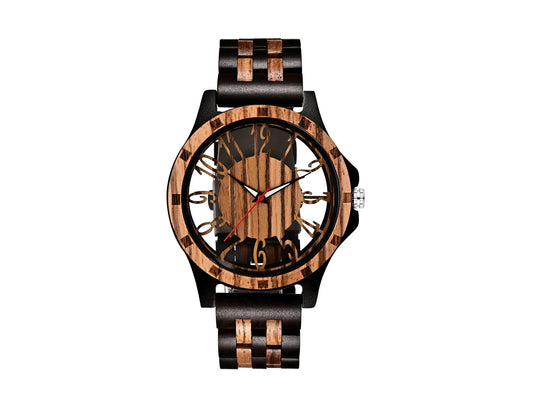 Natural Zebra Wood Watch for Men, Hollow Out Dial Wooden Band Analog Quartz Wristwatch