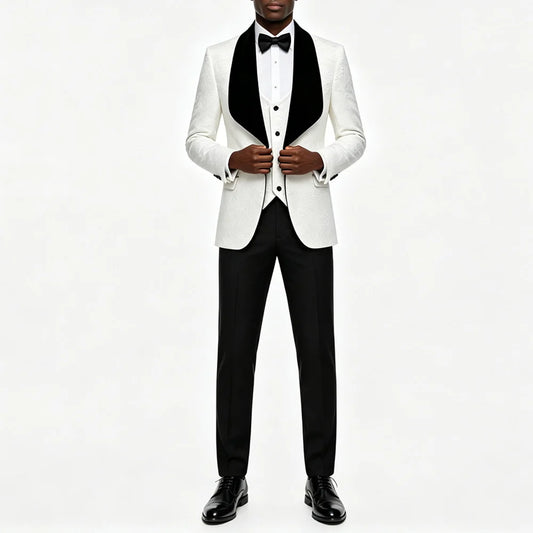 Men Light Blue Jacquard Tuxedo 3 Piece Suit Shawl Black Lapel Slim Fit Blazer Vest Pants Set Wedding Groom Prom Dinner Party Formal Mens Suit