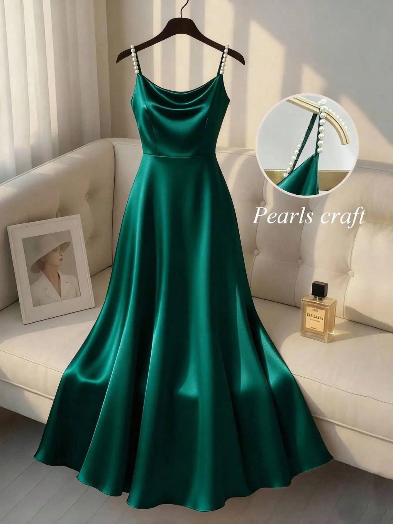 Elegant Satin Pearl Strap Slip Dress A-Line Floor Length For Party Event