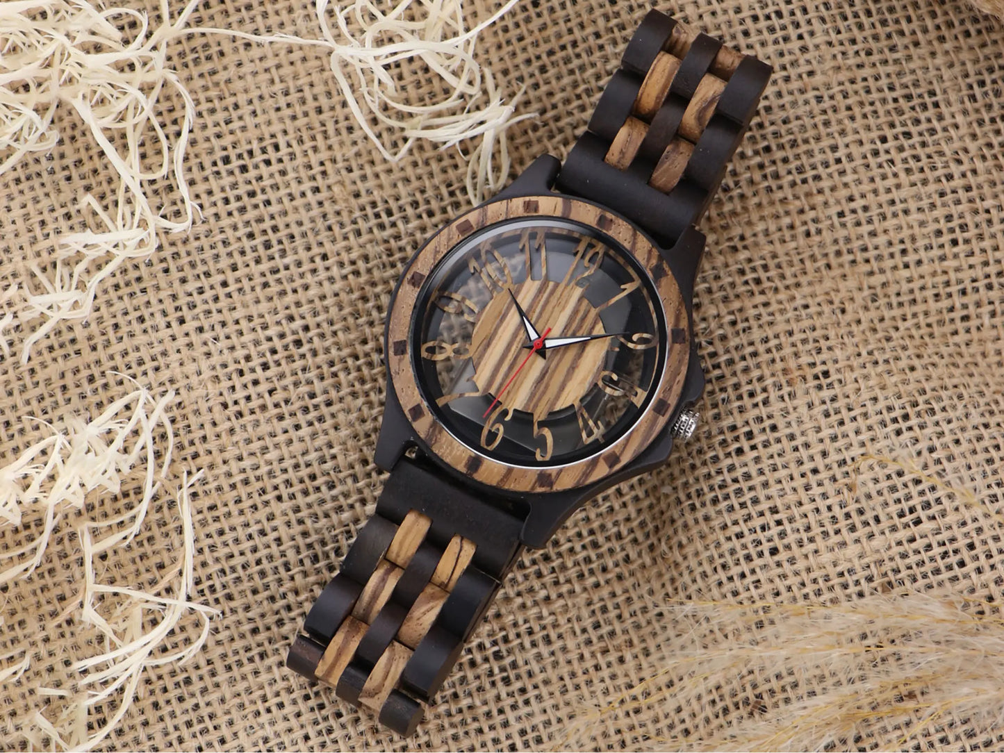 Natural Zebra Wood Watch for Men, Hollow Out Dial Wooden Band Analog Quartz Wristwatch
