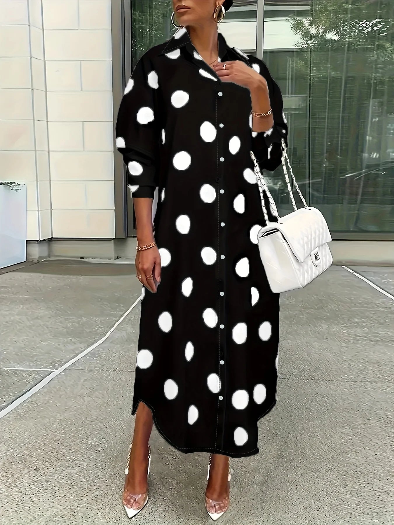 European and American plus size women's large polka dot lapel shirt dress; black polka dot single-breasted loose long sleeve side slit midi shirt dress