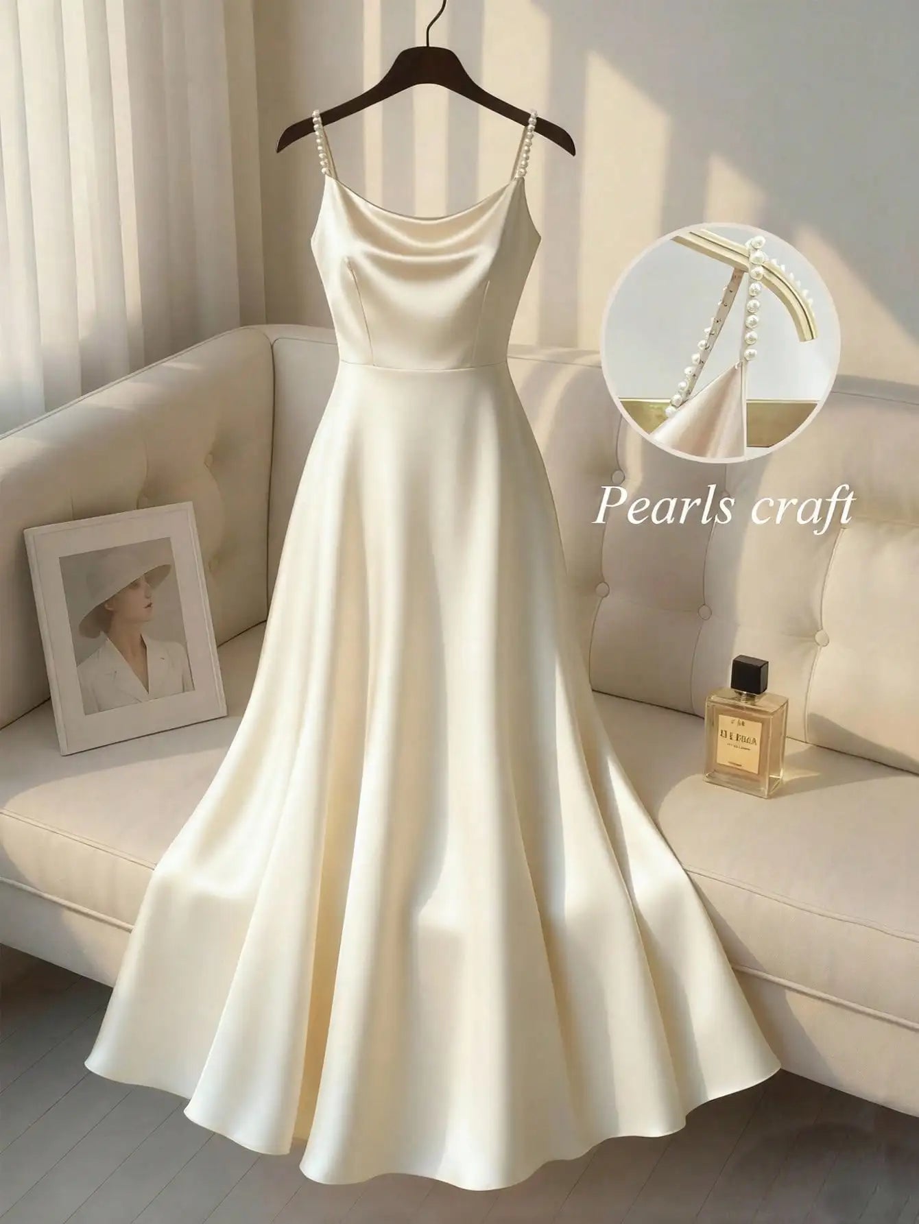 Elegant Satin Pearl Strap Slip Dress A-Line Floor Length For Party Event