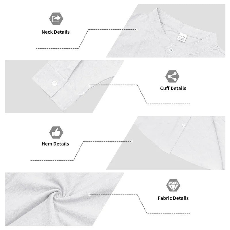 Men White Linen Button Down Long Sleeve Shirt Mandarin Collar Chest Pocket Roll Tab Cuff Loose Oversized Breathable Textured Beach Vacation Casual Holiday Top