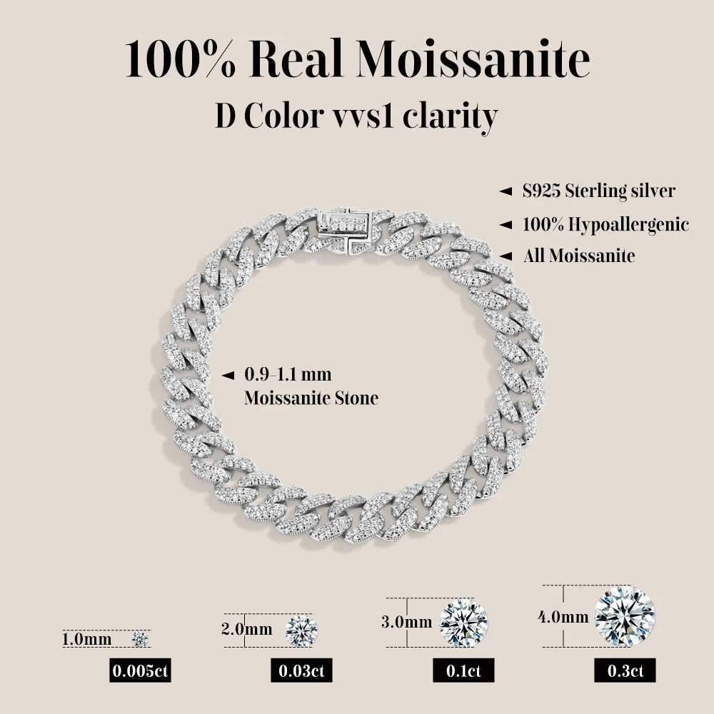 ATTAGEMS Moissanite Cuba Chain 100%S925 Sterling Silver for Man Women Classic Tennis Bracelet Fine Jewelry