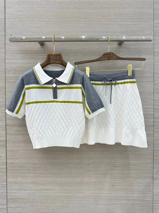 Ladies Knitted Short Sleeve Lapel  Collared Zipper Top with Elastic Waist Short Skirt Set Spring Summer Fashion Casual 2651836
