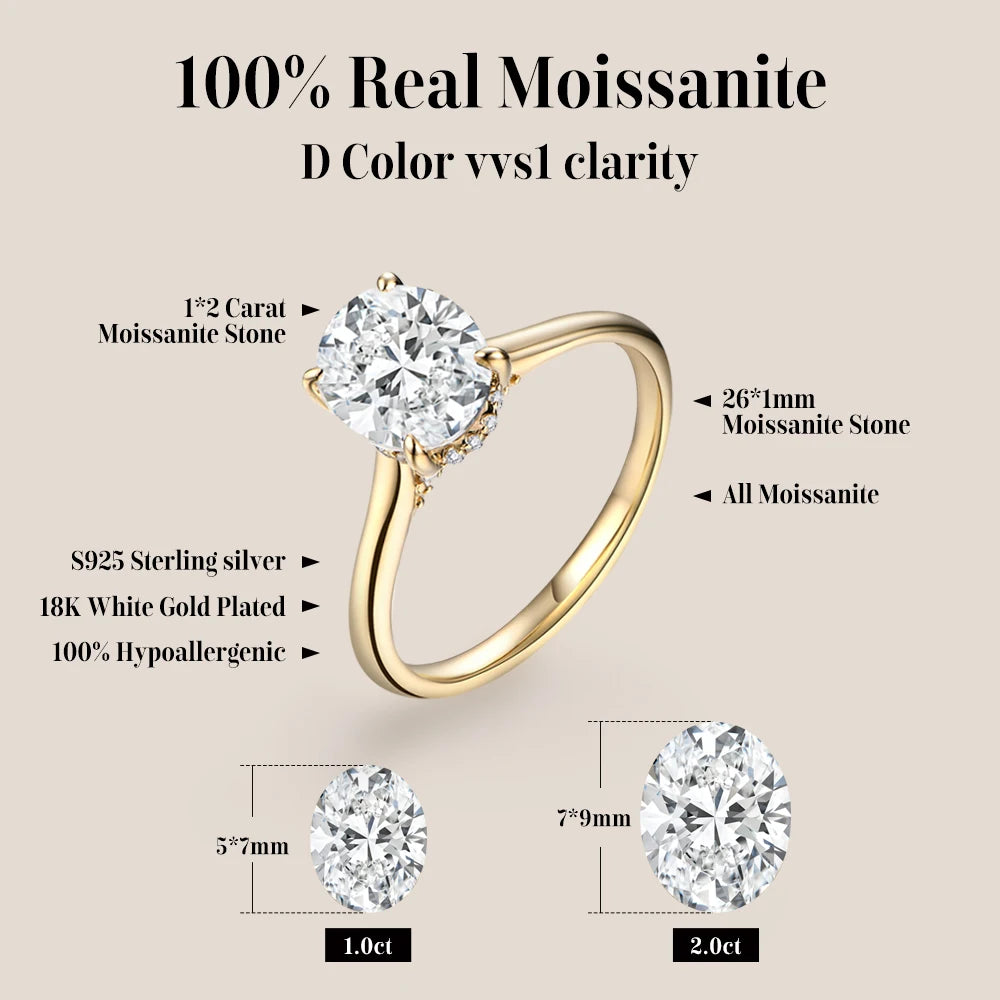 ATTAGEMS Oval cut 9*7mm2CT DVVS Moissanite Ring 925 Sterling Silver for Women Wedding Jewelry High Quality