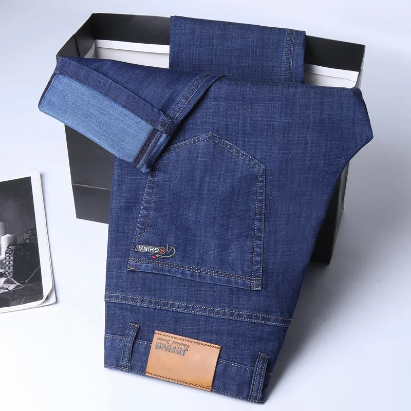 Men Summer Ice Silk Thin Stretch Straight Jeans, Lightweight Cotton Business Casual Denim Trousers