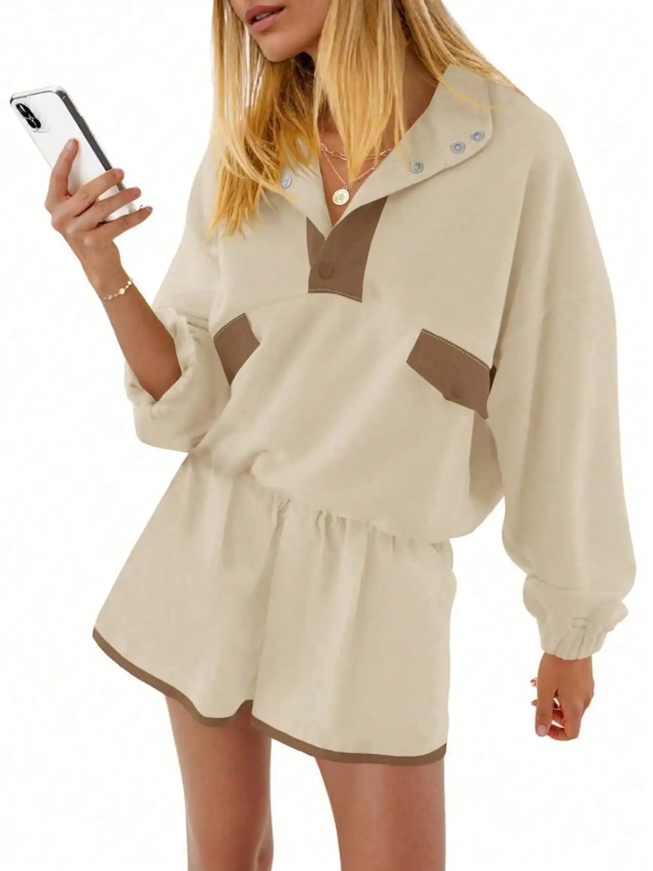Womens Two Piece Outfits Casual Loose Lounge Set Y2K Color Block Sweatshirt And Running Shorts Fall Streetwear Tracksuit