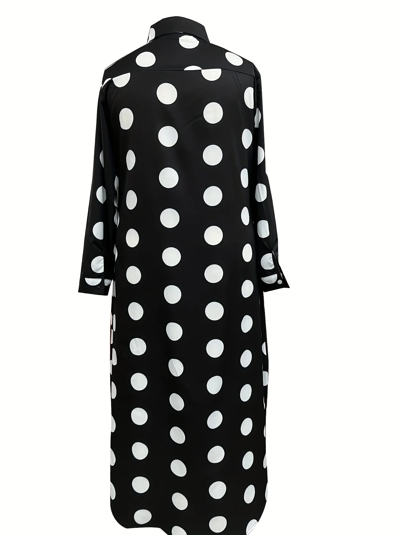 European and American plus size women's large polka dot lapel shirt dress; black polka dot single-breasted loose long sleeve side slit midi shirt dress