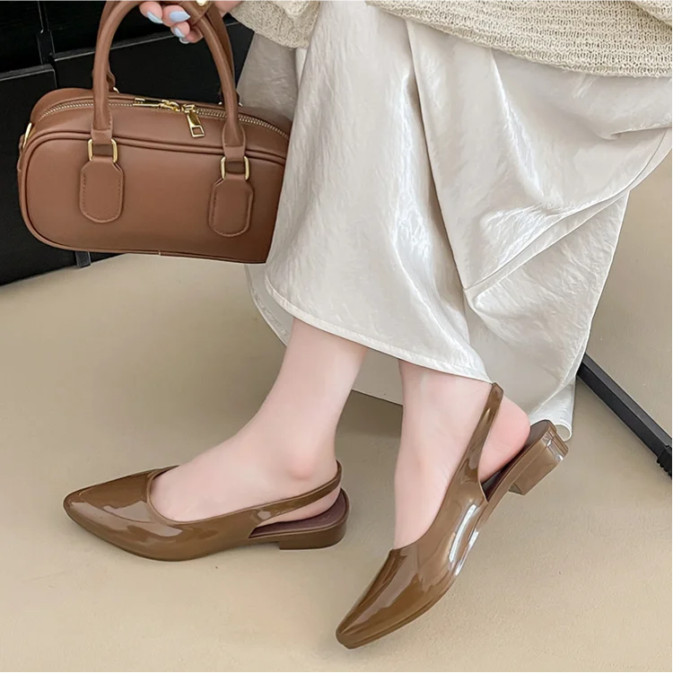 Women's Patent Leather Pointed Toe Slingback Flats, Low Block Heel Back Strap Pumps, Elegant Office Daily Dress Shoes