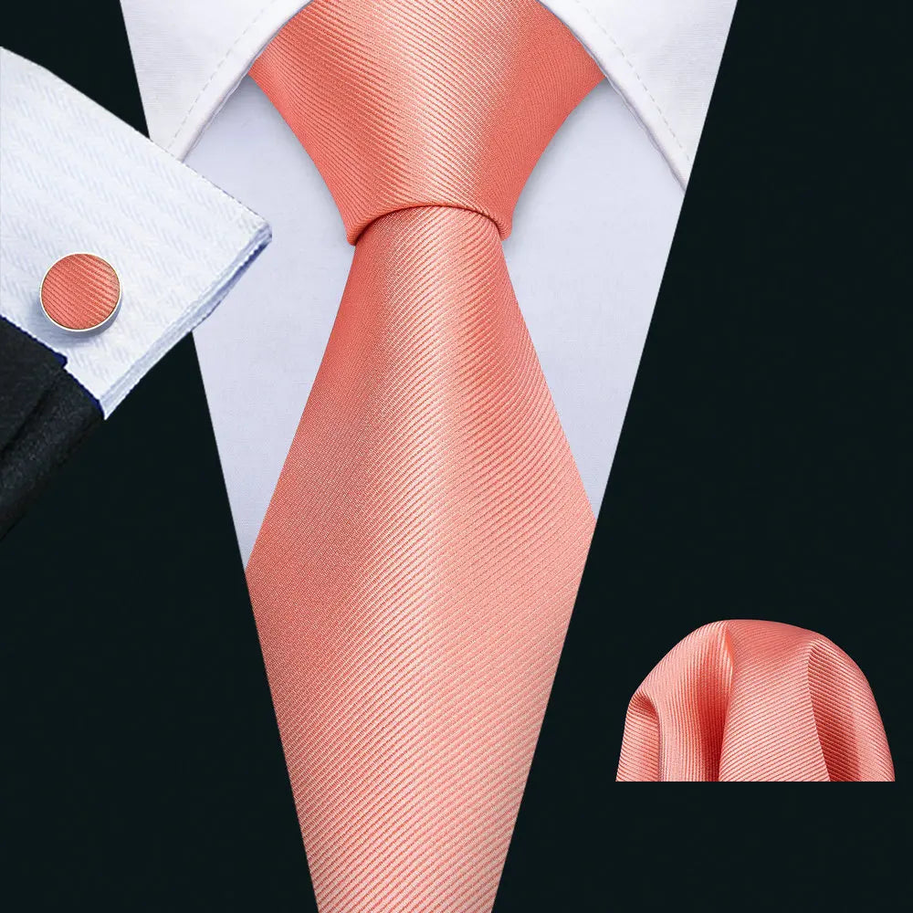 Designer Mens Tie Jacquard Necktie Pocket Square Cufflinks Set Coral Pink Solid for Male Men Wedding Busniess Party Ties Gift