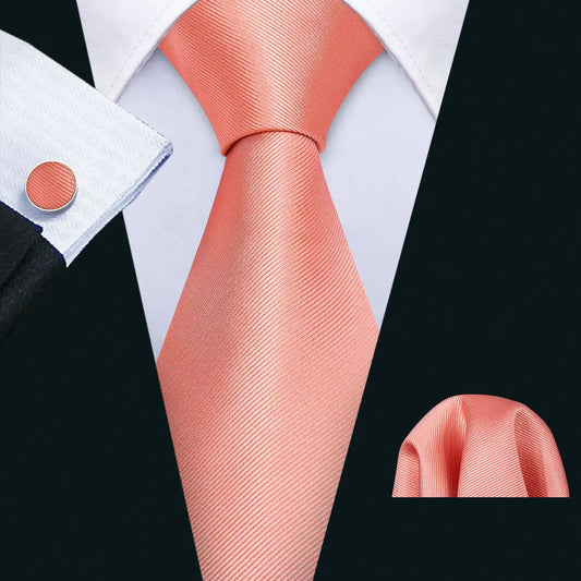 Designer Mens Tie Jacquard Necktie Pocket Square Cufflinks Set Coral Pink Solid for Male Men Wedding Busniess Party Ties Gift