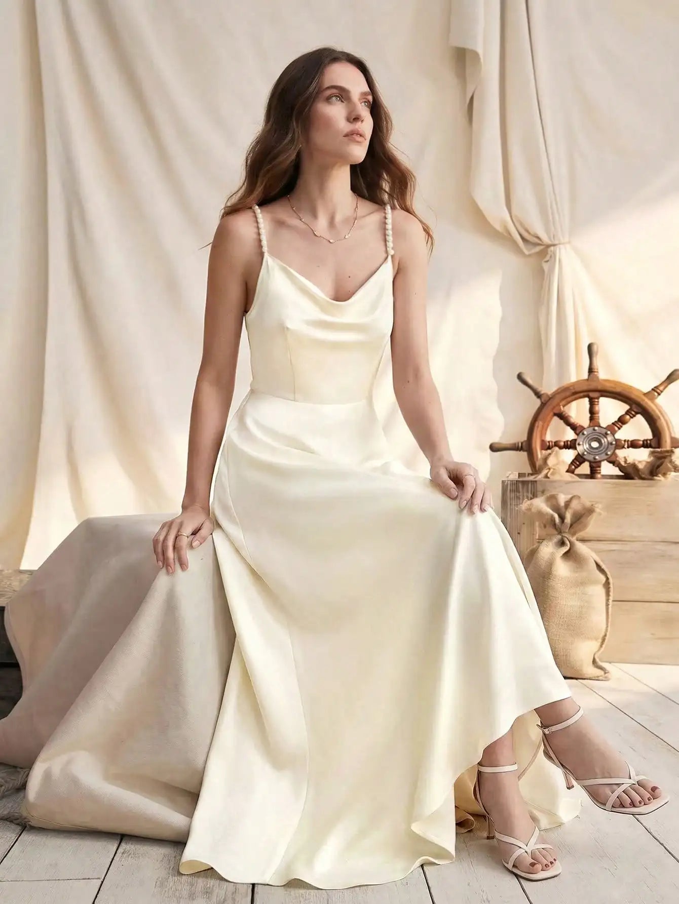 Elegant Satin Pearl Strap Slip Dress A-Line Floor Length For Party Event