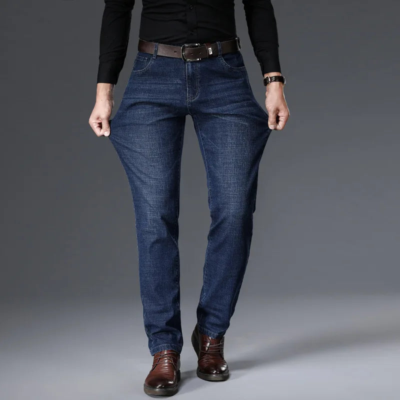 Spring Autumn Business Men Jeans Casual Straight Stretch Classic Black/ Sky Blue/ Grey Work Denim Trousers Brand Clothing