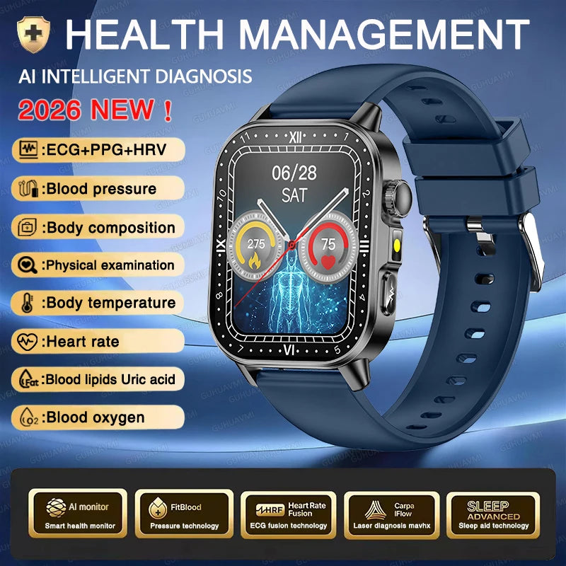 Accurate Health Diagnosis ECG Smart Watch Blood Pressure Blood Oxygen Blood Fat Uric Acid Temp Bluetooth.