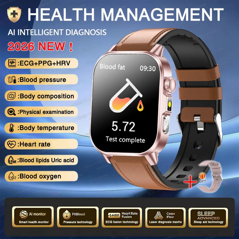 Accurate Health Diagnosis ECG Smart Watch Blood Pressure Blood Oxygen Blood Fat Uric Acid Temp Bluetooth.