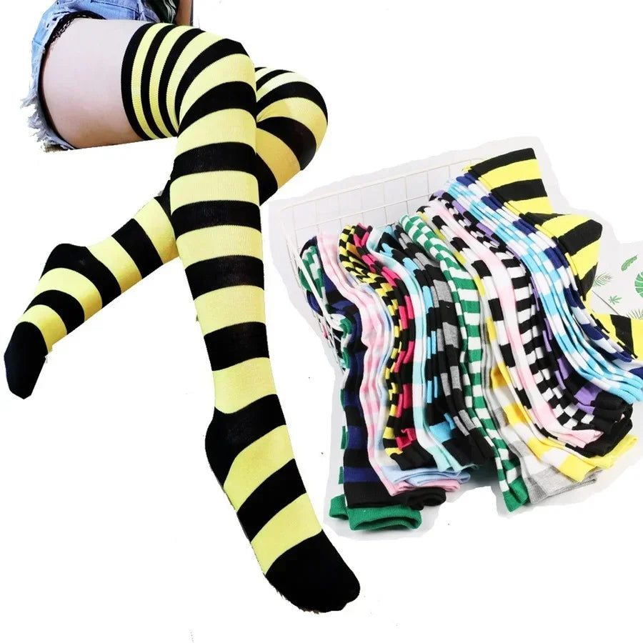 Womens Striped Thigh High Stockings Ladies Girls Black White pink Long Over Above Knee Socks femboy Cosplay Lolita Harajuku Y2k