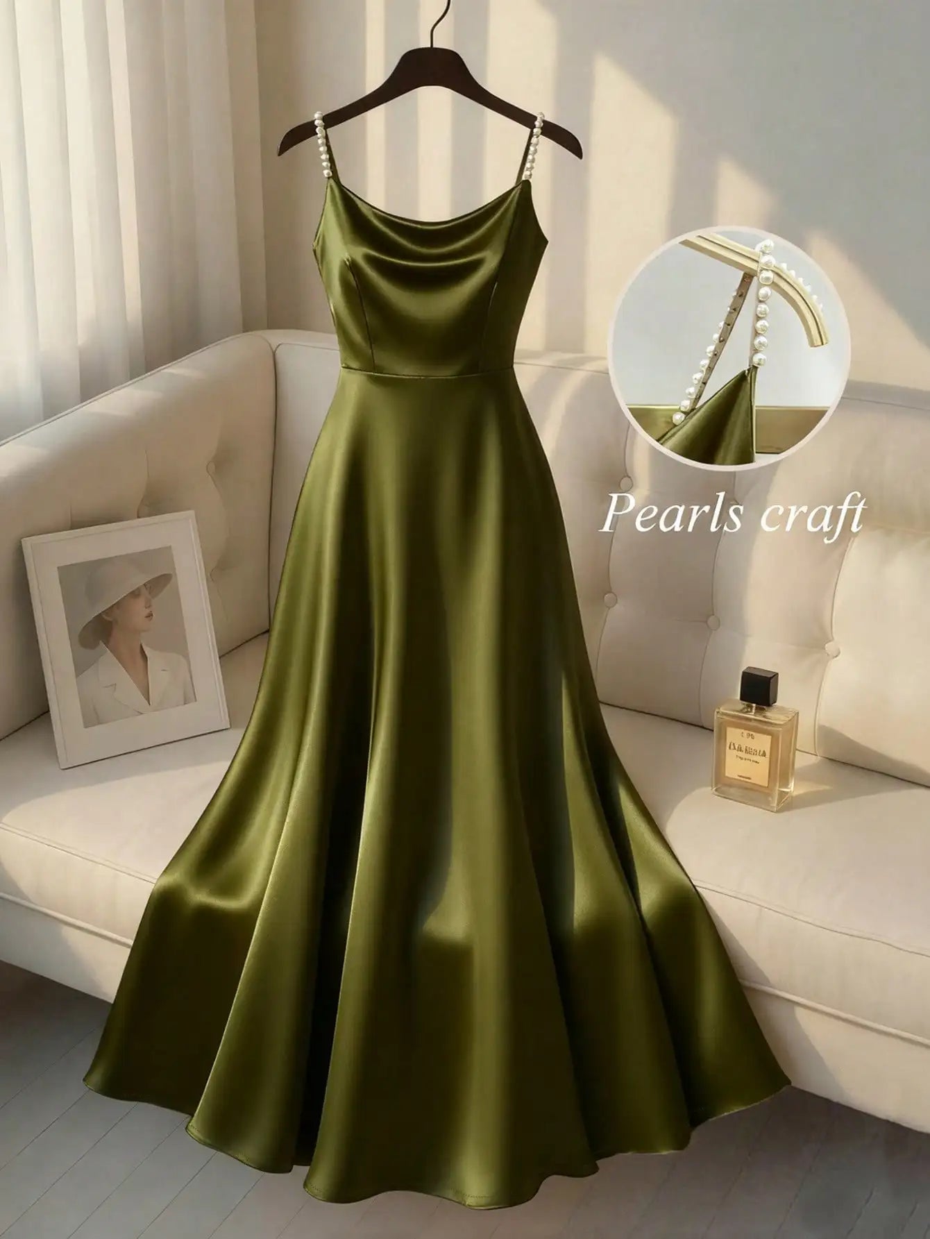 Elegant Satin Pearl Strap Slip Dress A-Line Floor Length For Party Event
