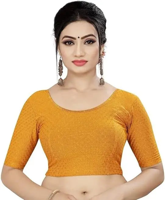 Round Neck Dobby Cotton Lycra Stretchable Elbow Sleeve Readymade Saree Blouse for Women Stylish