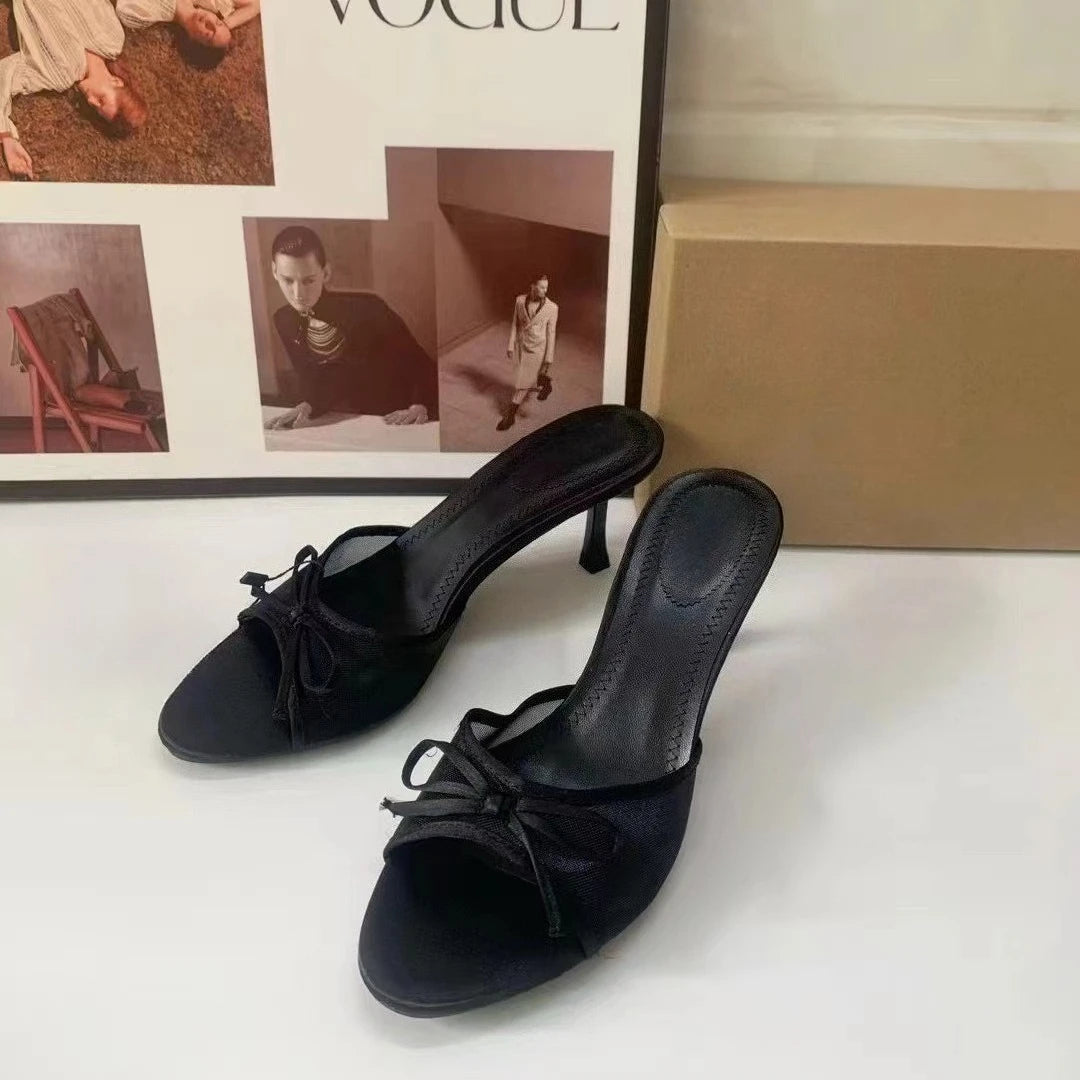 Summer New 2026 French-Style Pointed High Heels with Ankle Strap, Bow Decoration, Open Toe, Backless, Slip-On Sandals