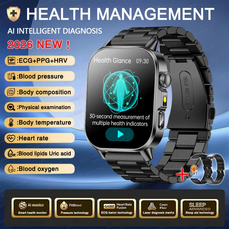 Accurate Health Diagnosis ECG Smart Watch Blood Pressure Blood Oxygen Blood Fat Uric Acid Temp Bluetooth.