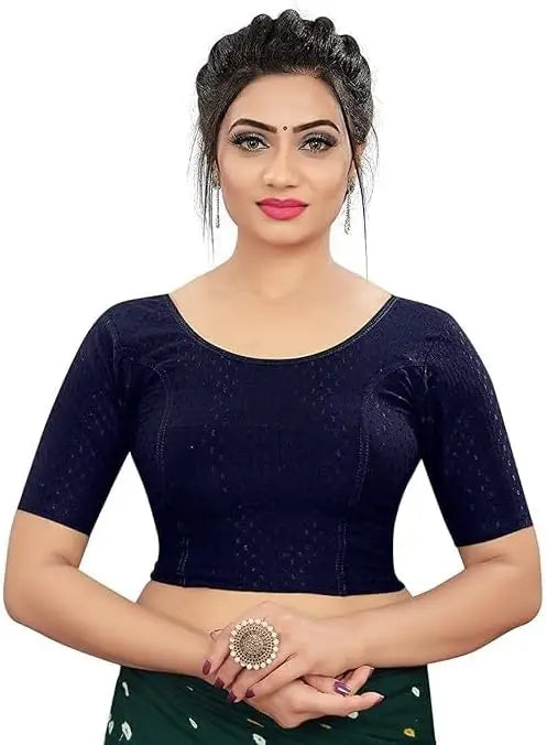 Round Neck Dobby Cotton Lycra Stretchable Elbow Sleeve Readymade Saree Blouse for Women Stylish