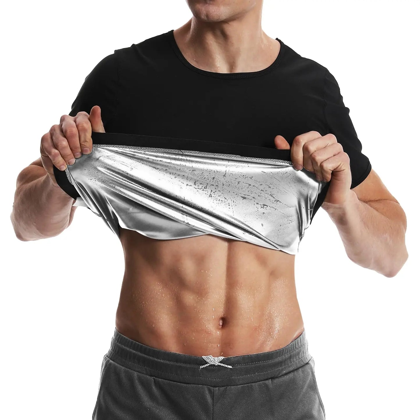 Pop Closets Sauna Shirt for Men Sweat Suit Short Sleeve Compression T-Shirt Weight Loss Body Shaper Shirts for Workout Sports