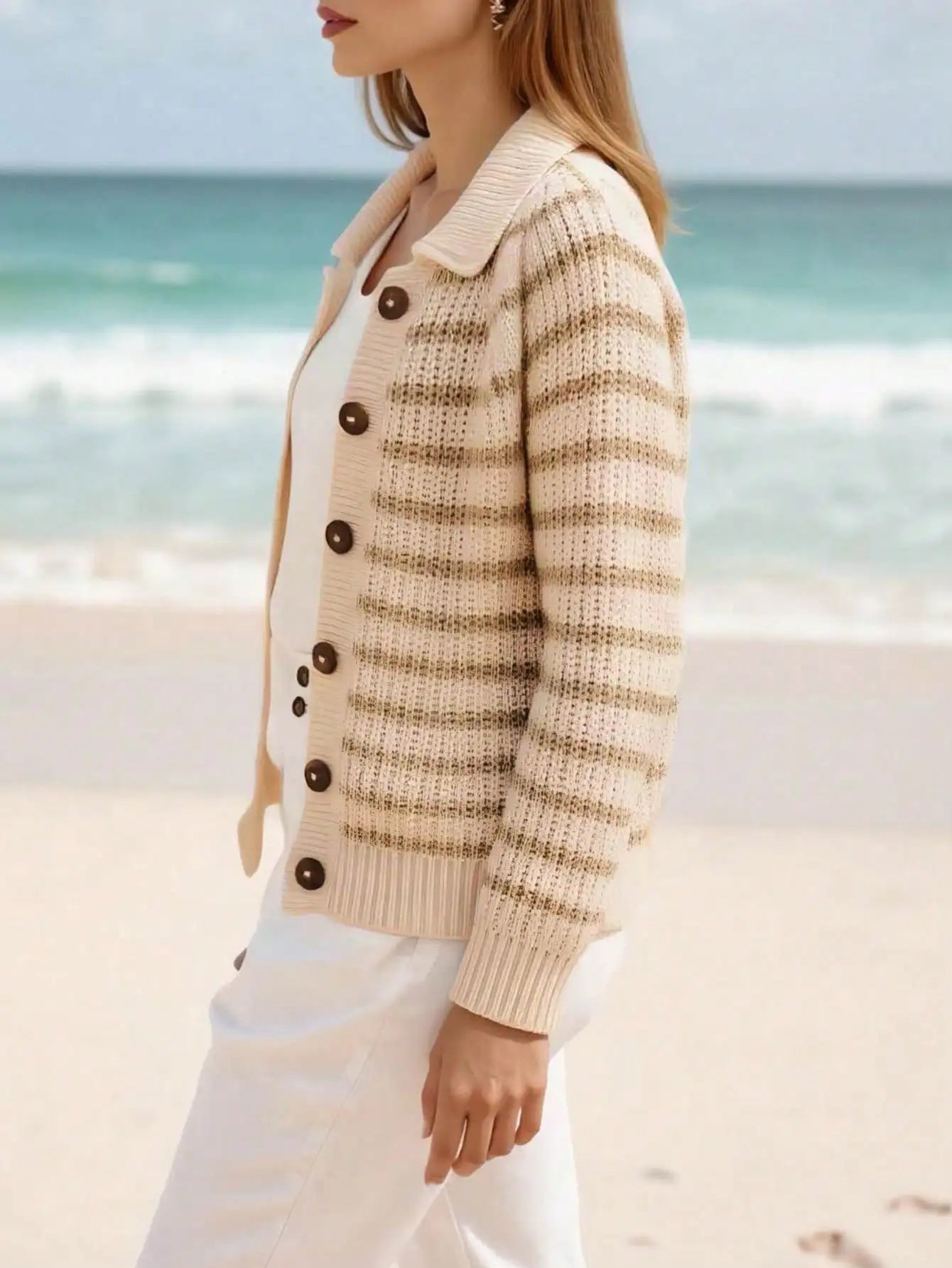 Fisoew polo Neck Knit Cardigan | Women's Open Front Long Sleeve Sweater | Button-Down Jacket Style Cover-Up