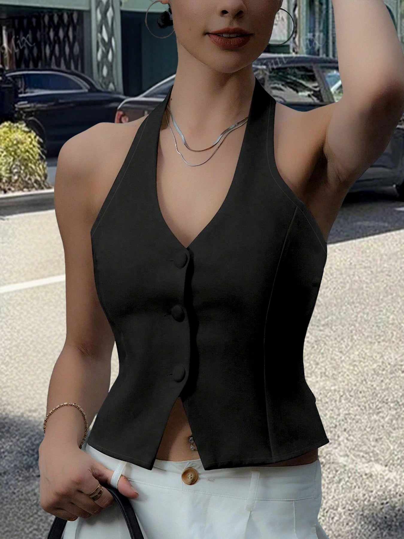 Women Black Halter Neck Button Vest Top Sleeveless V-Neck Slim Fit Back Tie Casual Streetwear Cropped Tank Top