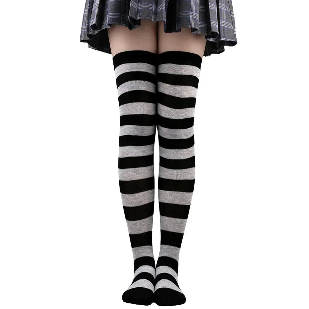 Womens Striped Thigh High Stockings Ladies Girls Black White pink Long Over Above Knee Socks femboy Cosplay Lolita Harajuku Y2k