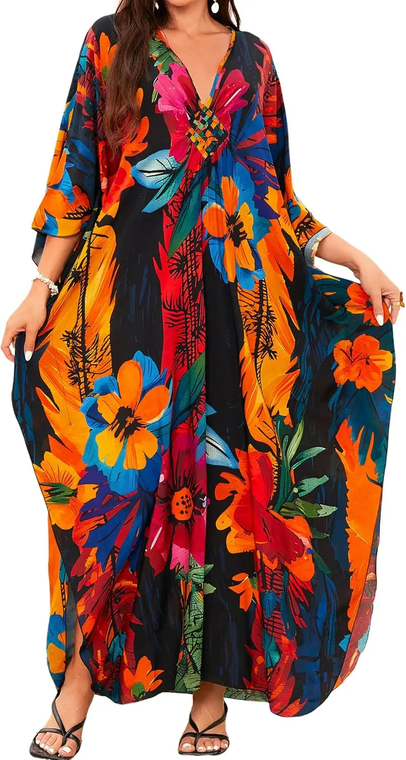 Kaftan Dresses for Women, V Neck Moo Moos Colorful Print Cover Ups Caftan Beach Dresses for Swimwear