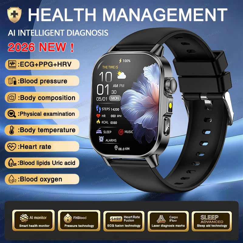 Accurate Health Diagnosis ECG Smart Watch Blood Pressure Blood Oxygen Blood Fat Uric Acid Temp Bluetooth.