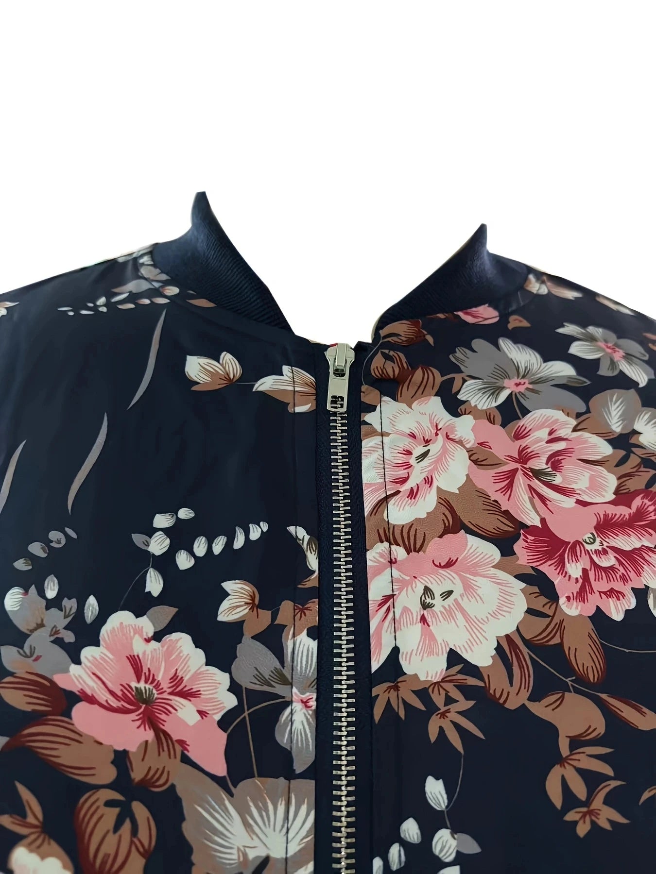 Plus size women's navy blue floral print baseball jacket zipper casual slimming stand collar jacket coat